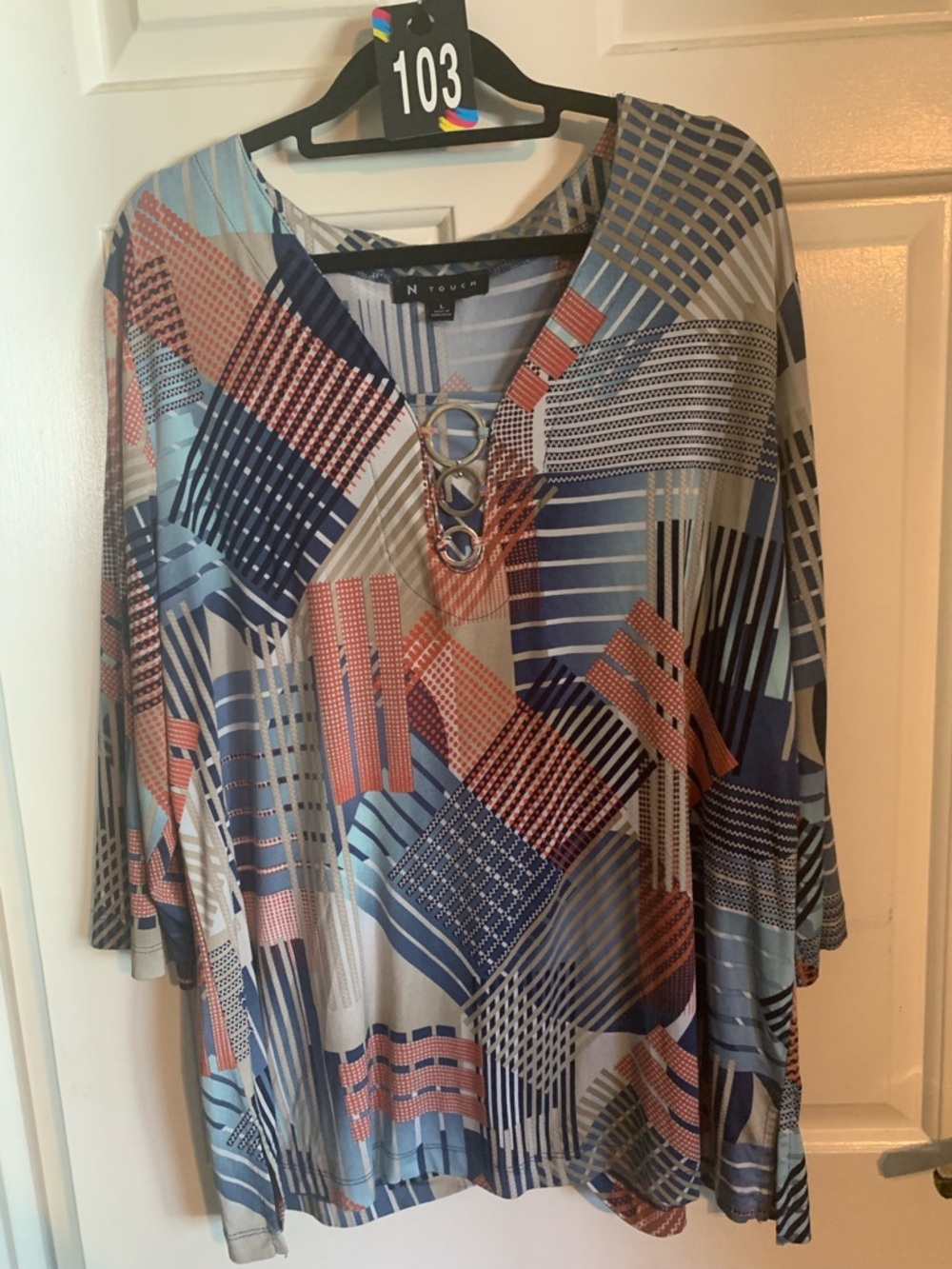 N Touch Blue Multi-Pattern V-Neck Tunic with Ring Detail